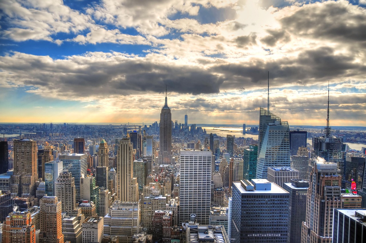 new york, stad, manhattan, manhattan skyline, skyskrapor, metropol, flygperspektiv, byggnader, usa, nyc, natur, solnedgång, urban, förenta staterna