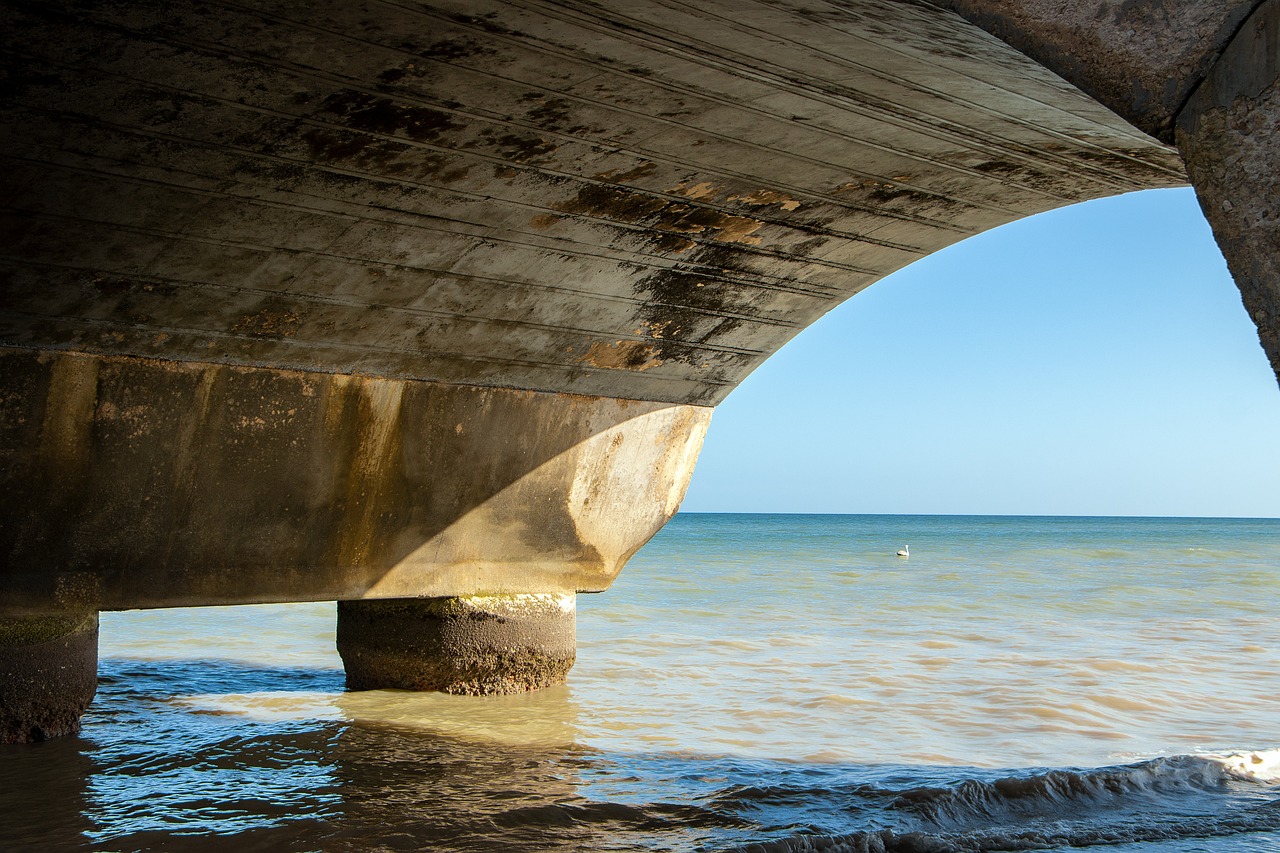 under the boardwalk, sea, beach, boardwalk, bridge, port, nature, under the bridge, concrete, foundations, tunnel, ocean, yucatan, mexico