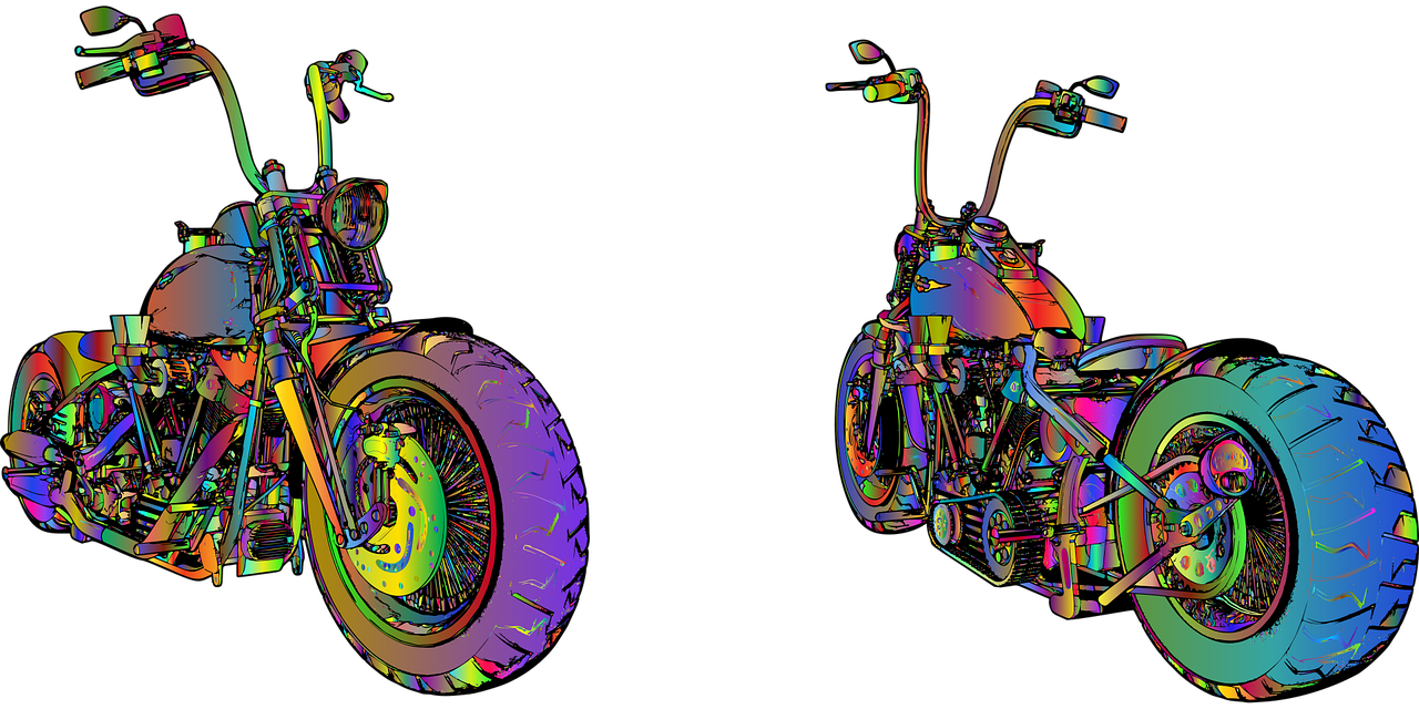 motorcycle, chopper, bike, drive, motorbike, nature, ride, transportation, vehicle, prismatic, chromatic, rainbow, surreal, psychedelic