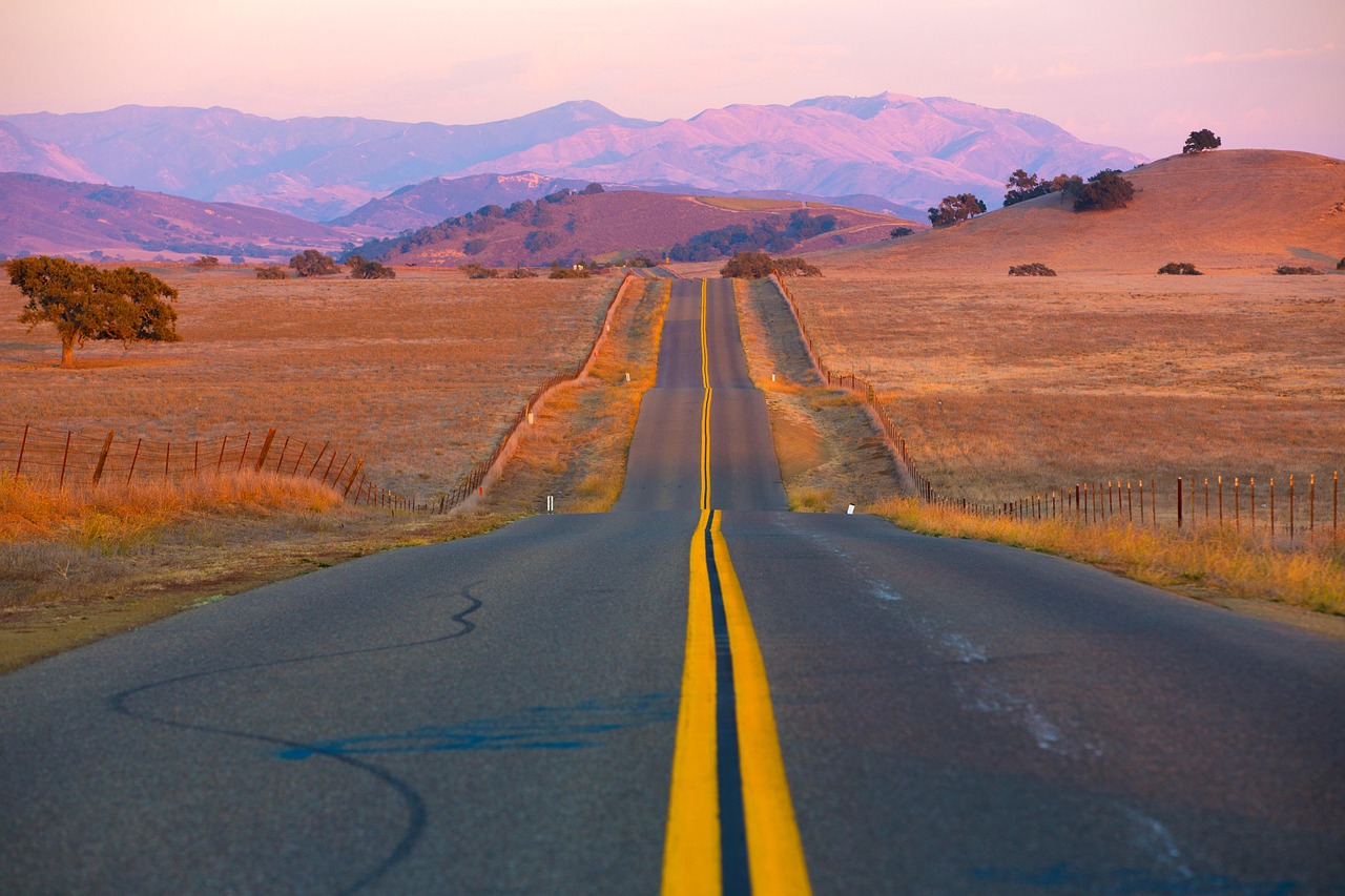 sunset, road, desert, nature, mountains, california, united states of america, asphalt, outdoors