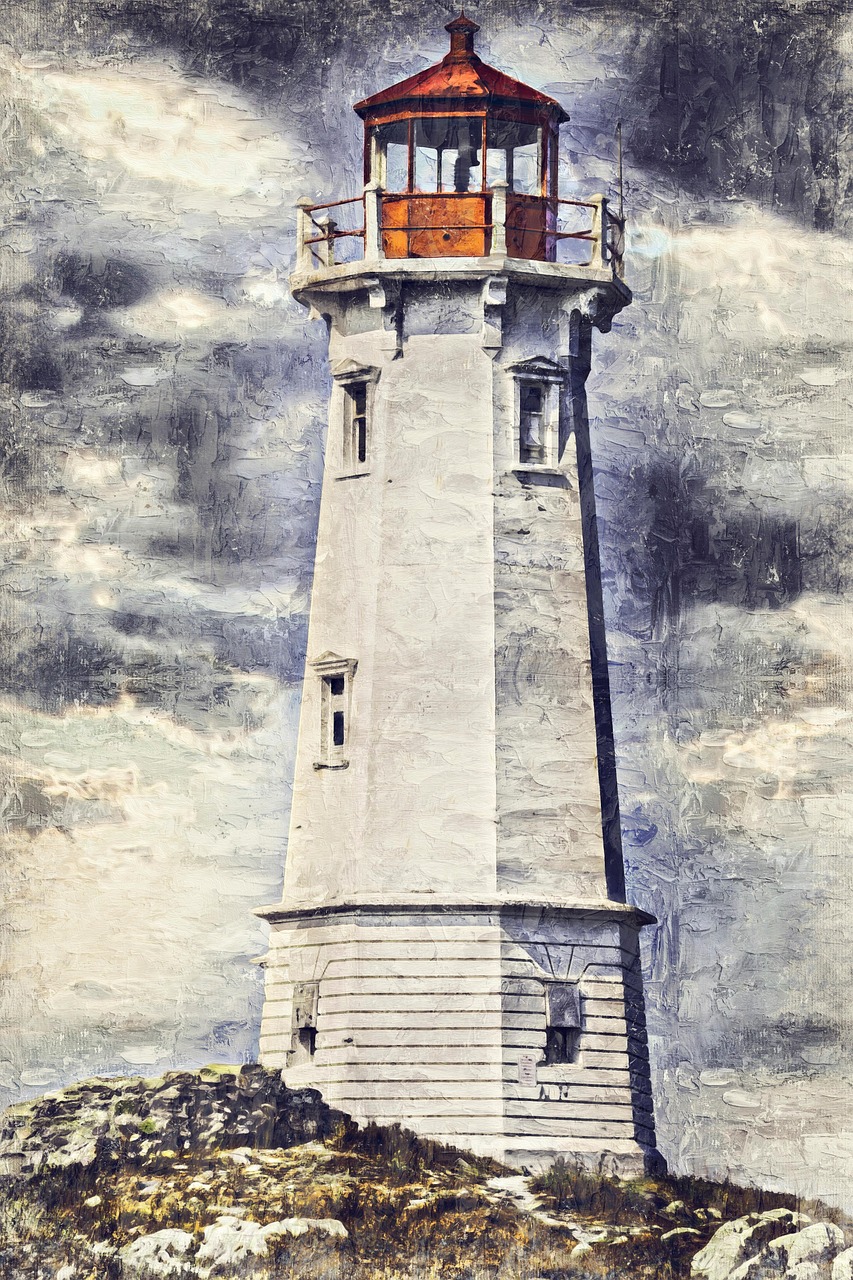 fyr, torn, fotokonst, byggnad, arkitektur, landmärke, känd, kust, kusten, strand, atlantiskt, kanada, målning, konstverk