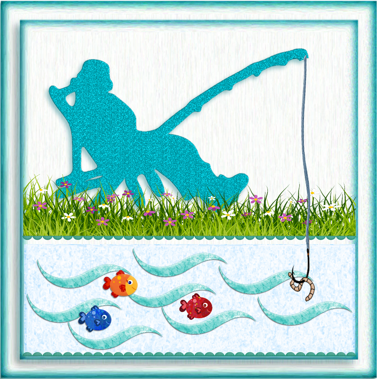 angler, fisherman, fishing, fish, topper, nature, texture, background, grass, rod, worm, colourful, fun, cartoon