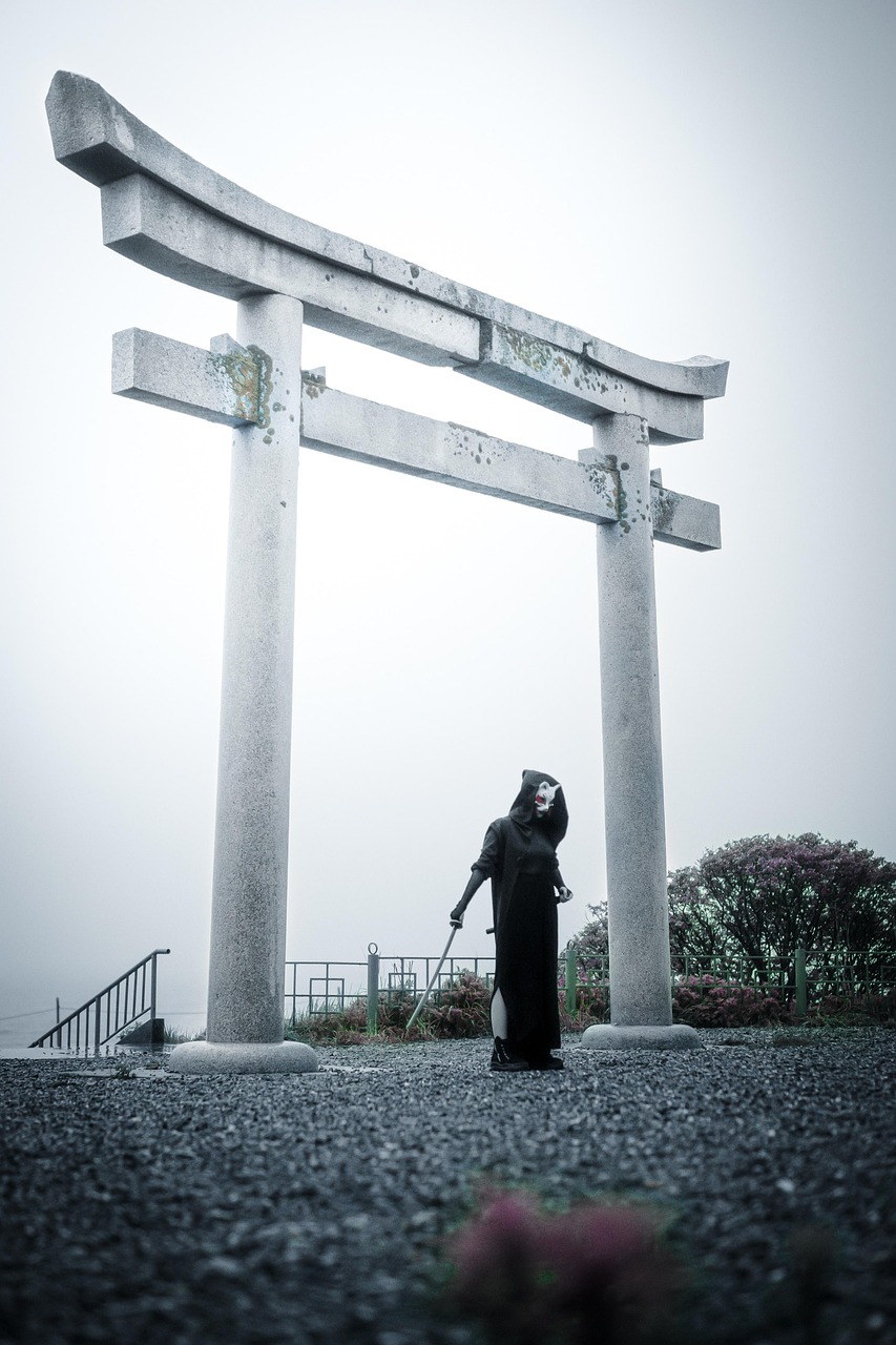 torii, samurai, cosplay, japan, gate, fog, sword, weapon, mantle, torii, samurai, samurai, samurai, samurai, samurai
