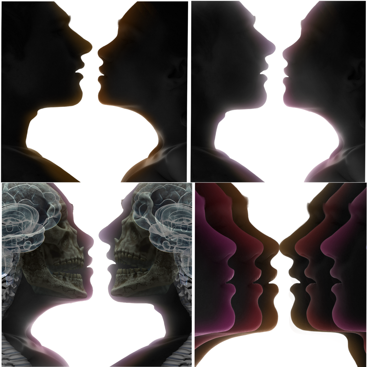 silhouette, cutout, couple, love, male, man, transparent, female, woman, anatomy, human, brain, fantasy, portrait, person, kiss