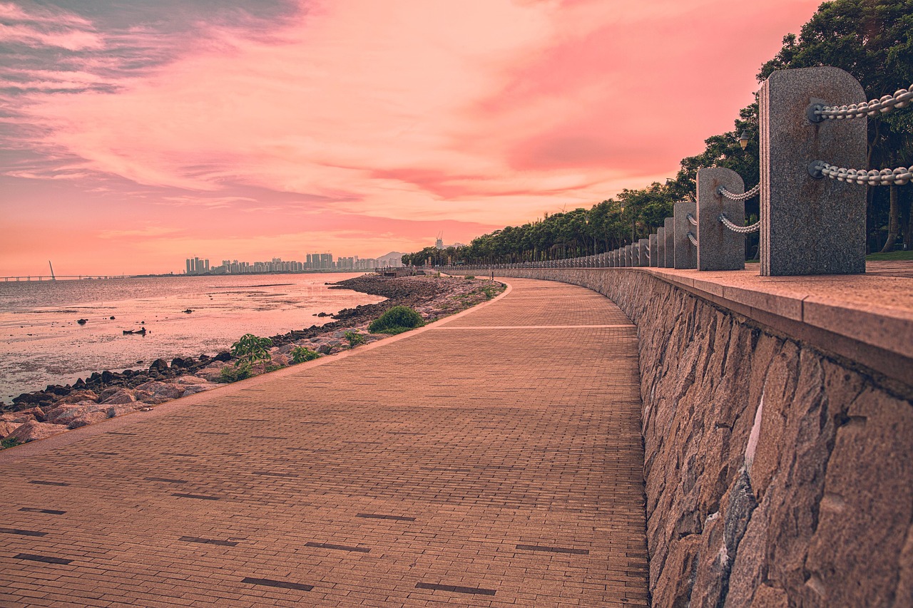 seaside promenade, pavement, beach, park, shenzhen bay, sunset glow, sunset, nature, twilight, skyline, urban
