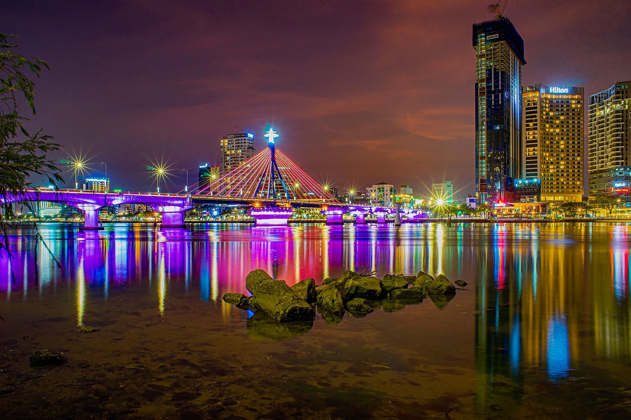 da nang, река, нощ, декор, град, вечер, пейзаж