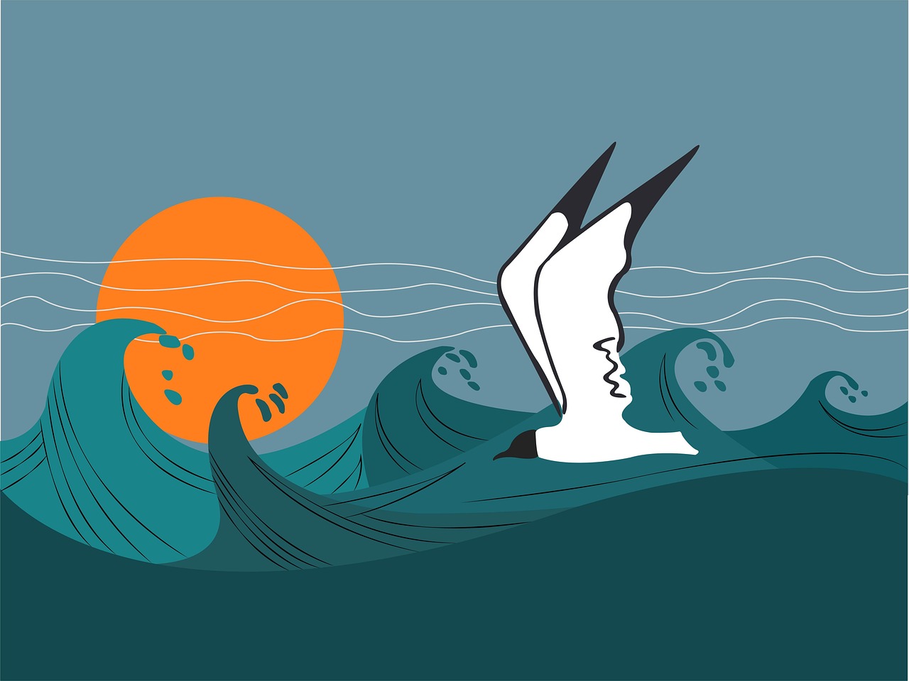 seagull, sea, storm, waves, digital art, nature, background, wallpaper