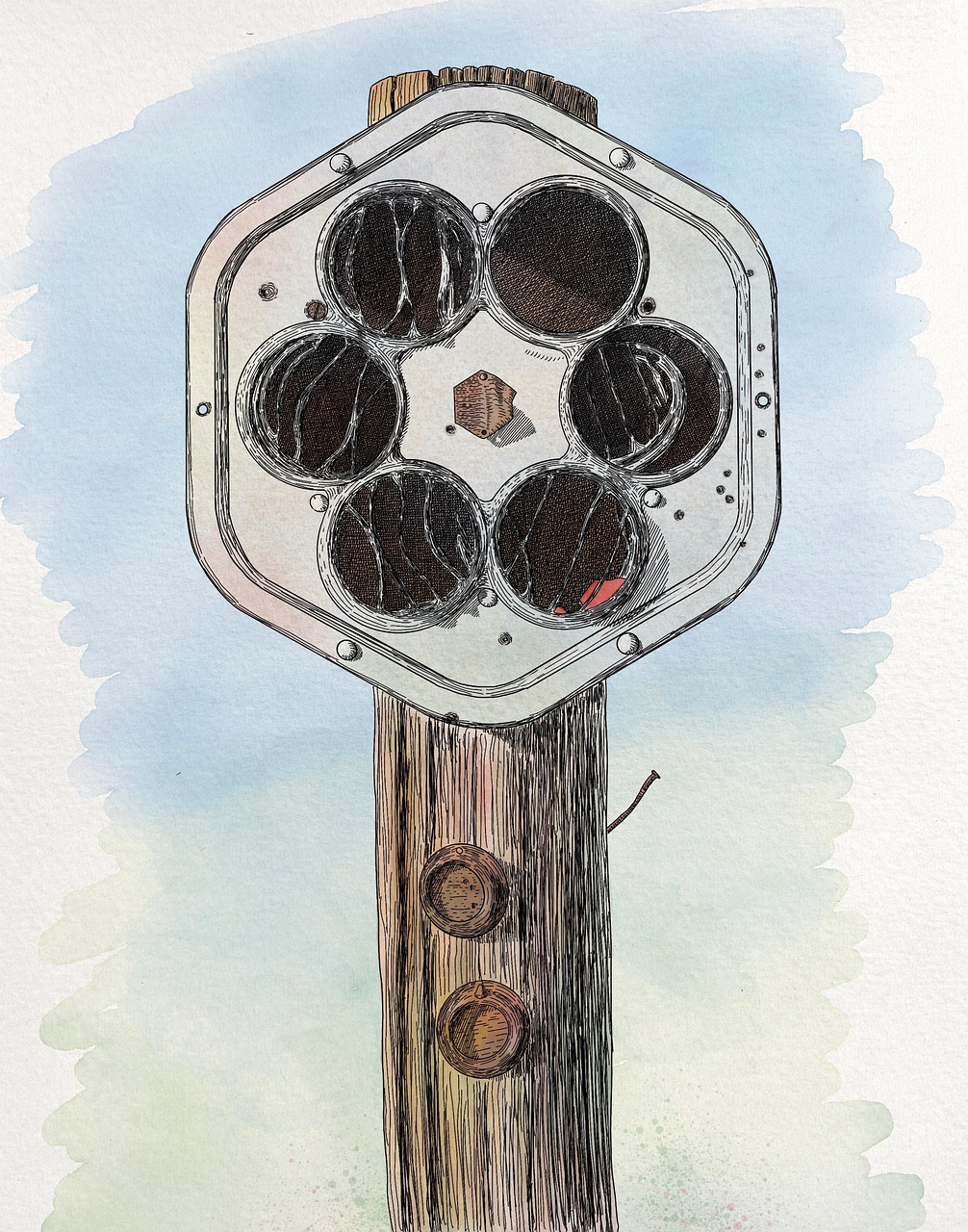 signpost, signage, sign, roadsign, road ends, dead end, road, end, stop, caution, warning, old, wooden, metal, nail, post, watercolor, painting, drawing