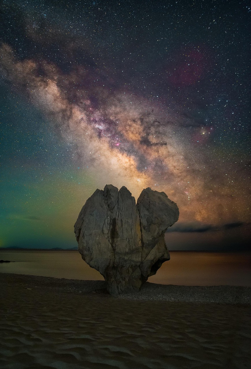 astrolandschaft, nacht, milchstraße, stein, felsen, meer, griechenland, natur, universum, astronomie, strand