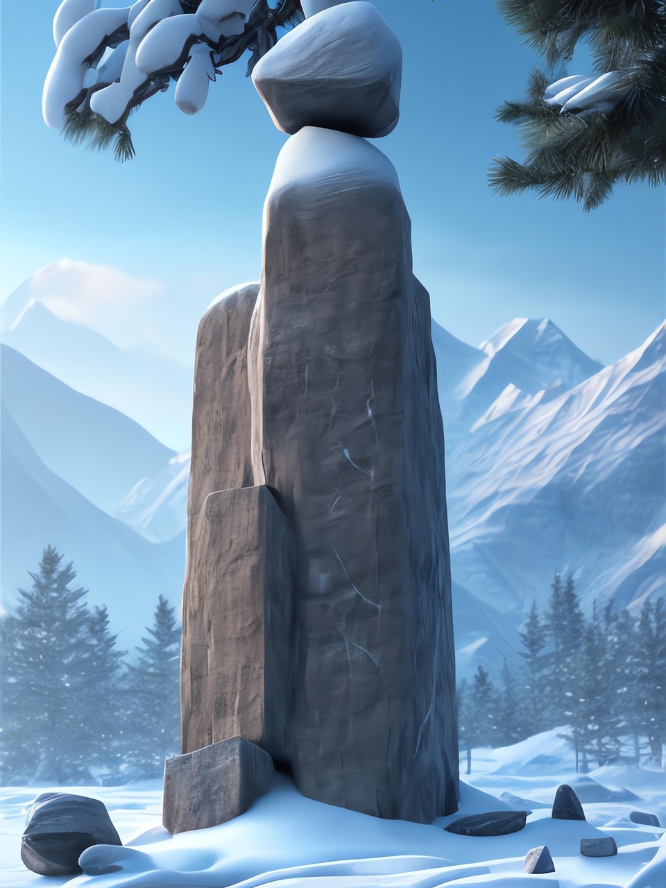 ai generated, cairn, nature, winter, stone cairn, rock cairn, rocks, volcanic stones, monumental sculpture, sculpture, nepal, everest, himalayas, tibet, snow, mountains, forest