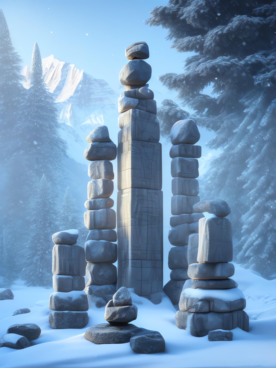 ai generated, cairn, winter, stone cairn, rock cairn, nature, rocks, volcanic stones, monumental sculpture, sculpture, nepal, everest, himalayas, tibet, snow, mountains