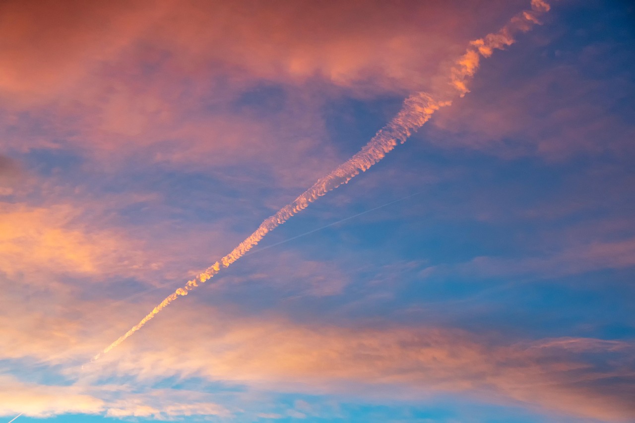 clouds, sunset, airplane wake, weather, nature, wind, air, cloudy