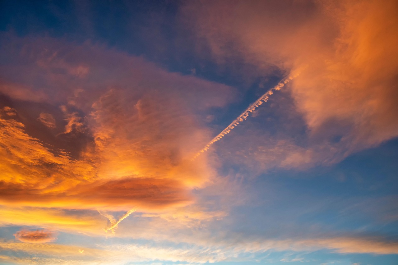 sunset, clouds, sky, weather, contrails, nature, landscape, dusk, twilight