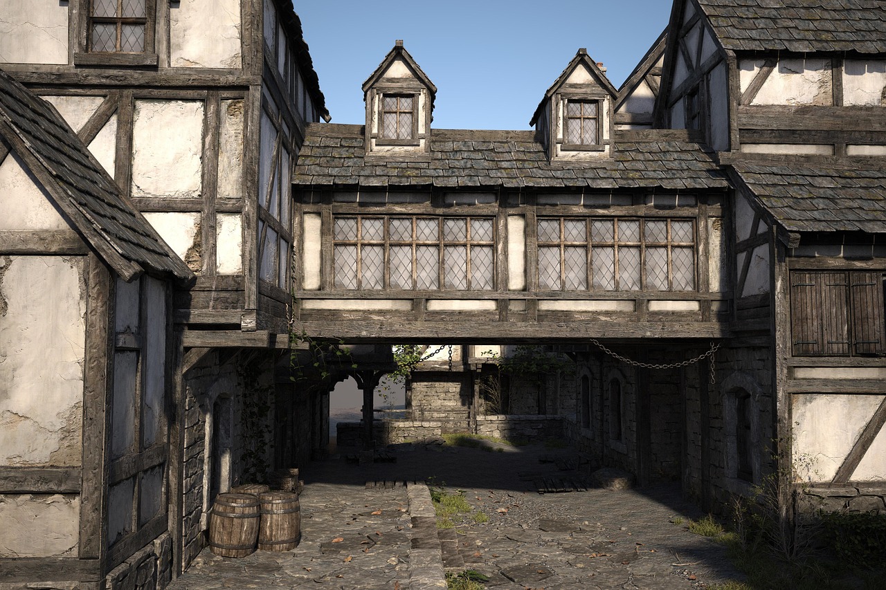 middle ages, half-timbered house, road, village, historic center, building, architecture, historical, truss, house, downtown