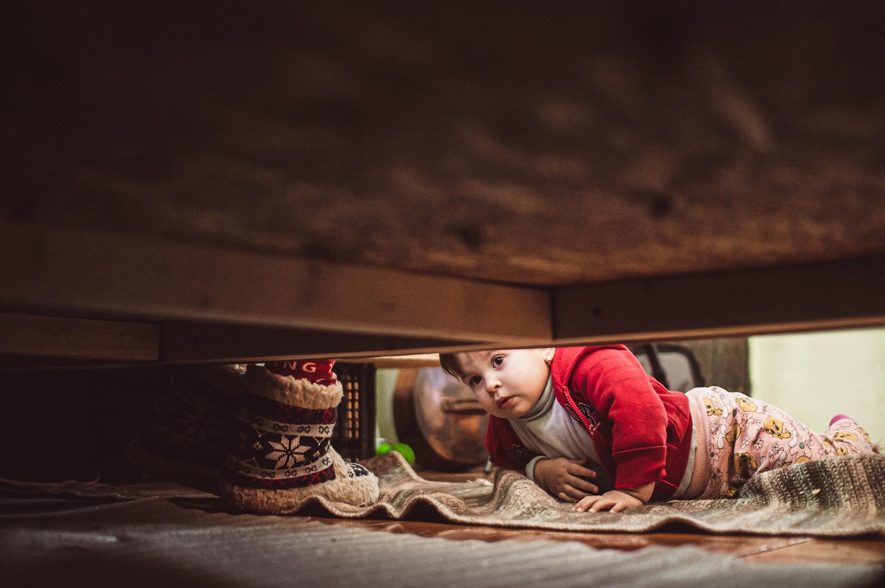 baby, playful, curious, under the bed, game
