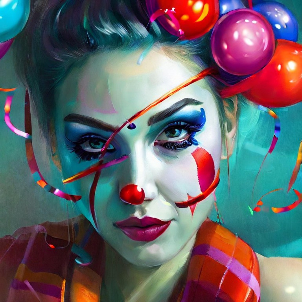 clown, woman, lady, girl, portrait, balloons, streamers, ribbon, artwork