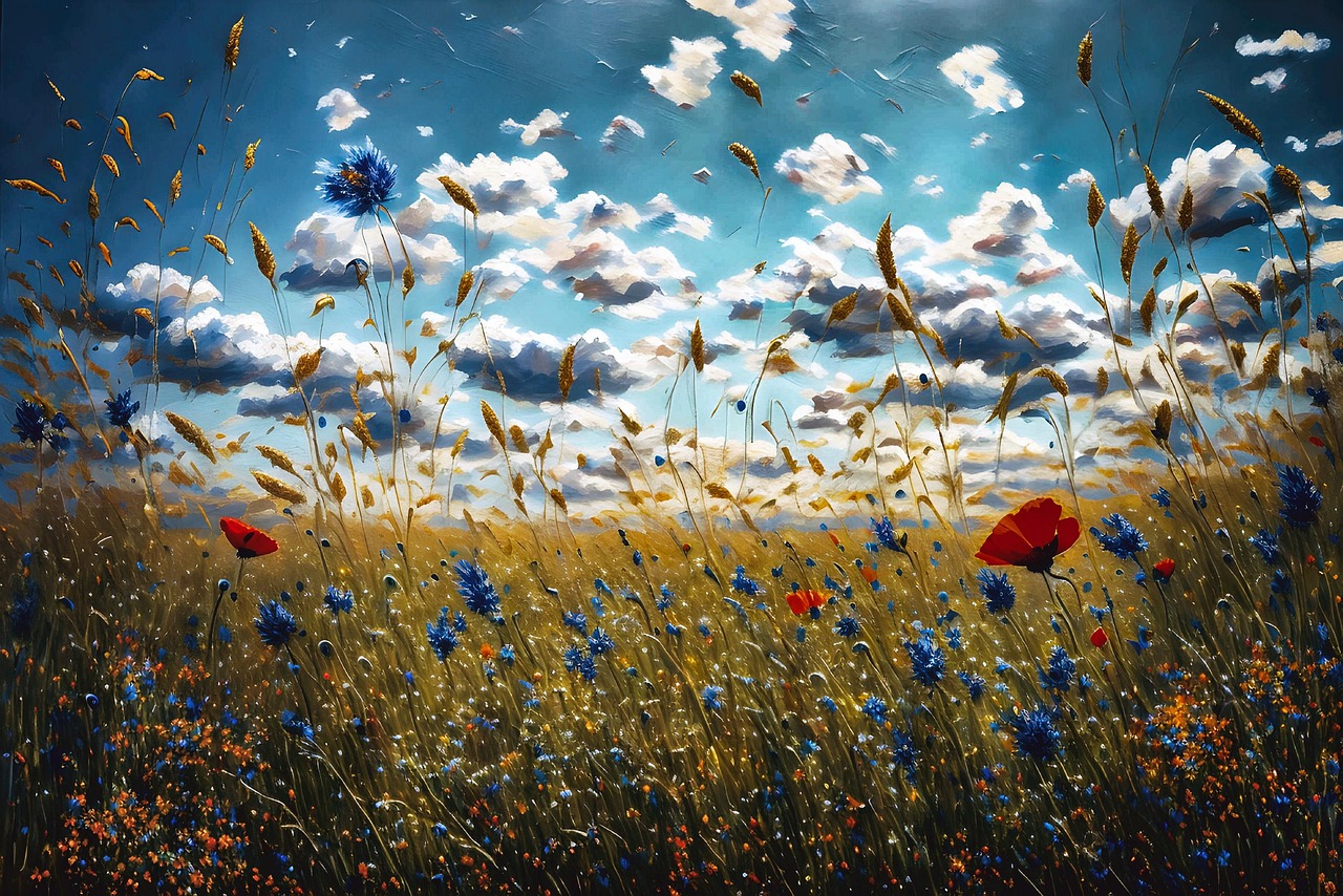ai generiert, mohnblumen, weizenfeld, kornblumen, wolken, blauer himmel, natur, wildblumen, mohnblumen, mohnblumen, mohnblumen, weizenfeld, kornblumen, kornblumen, kornblumen, kornblumen, kornblumen, wildblumen