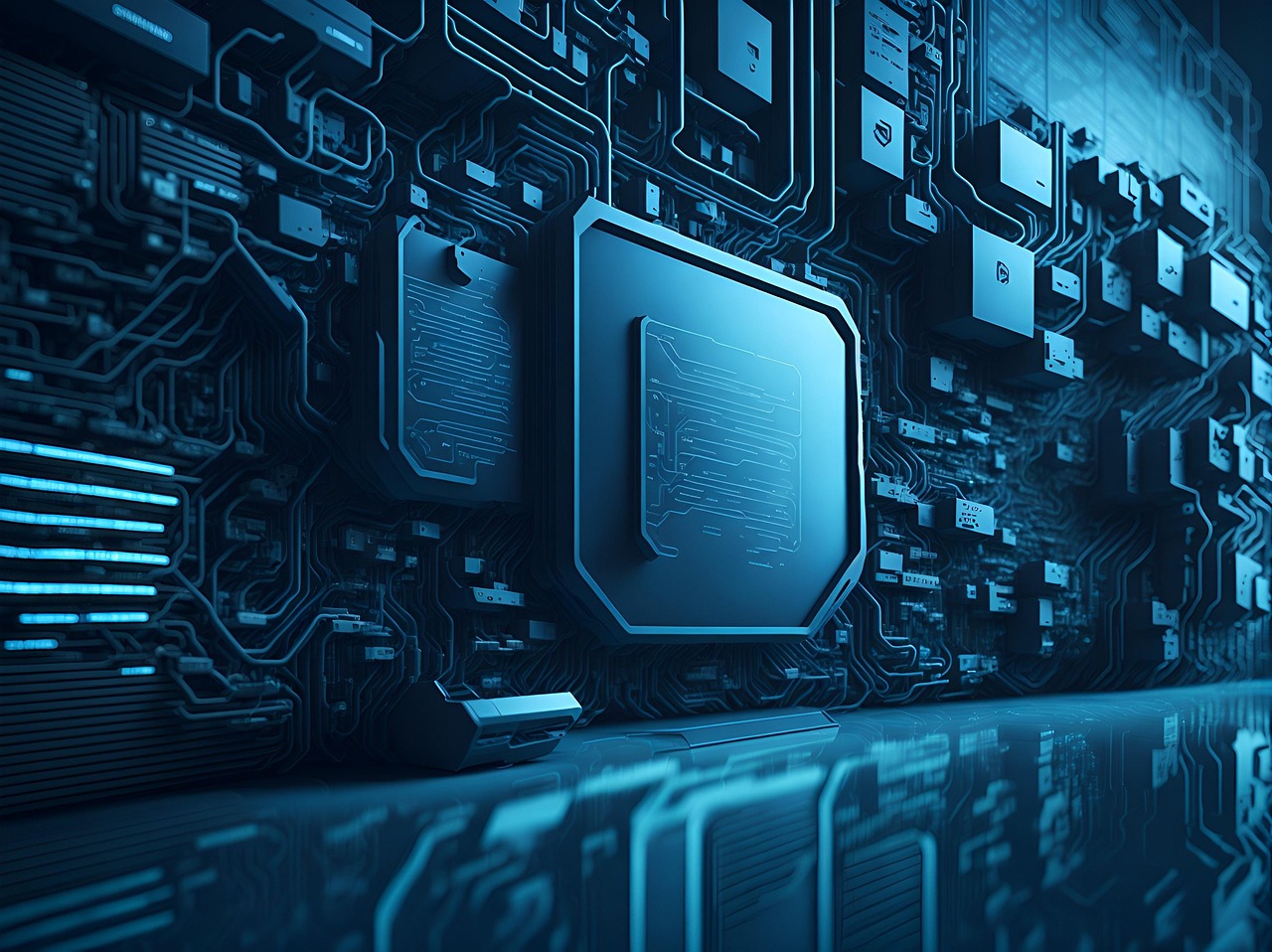 technologie, computer, achtergrond, behang, digitaal, bedrijf, gegevens, internetten, modern, ai gegenereerd, circuits, draden