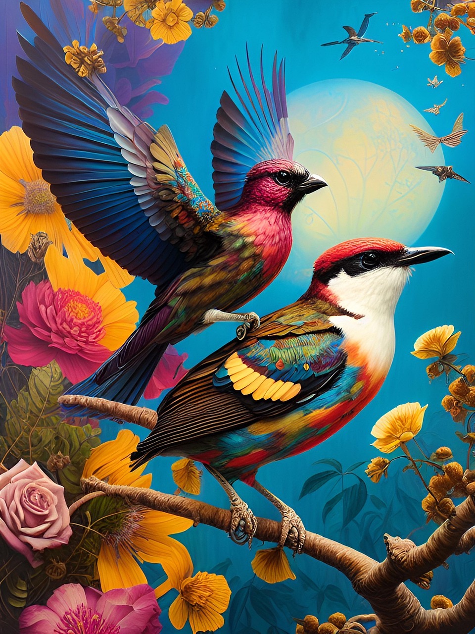 vögel, flügel, fliege, natur, fantasie, blumen, blüte, zweig, barsch, rose, hoffe natürlich, freiheit, farben, bunt