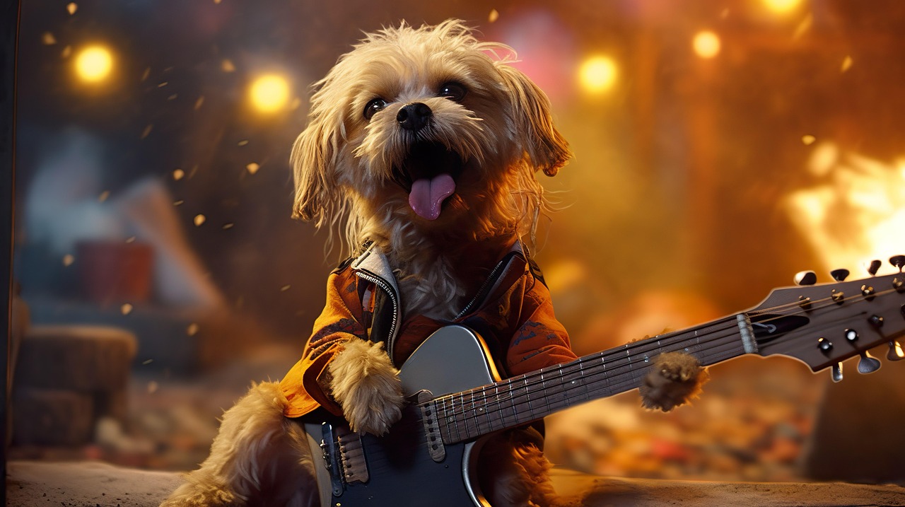pies, muzyk, spódnica, ciężki metal, gitara, e-gitara, gwiazda rocka, muzyka, występuje, zwierzę, etap, uroczy, zabawa, szczeniak, zwierzę domowe, wygenerowane ai