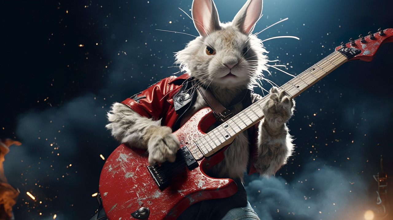 ai generowane, królik, gitara, muzyk, heavy metal, spódnica, koncert, relacja na żywo, e-gitara