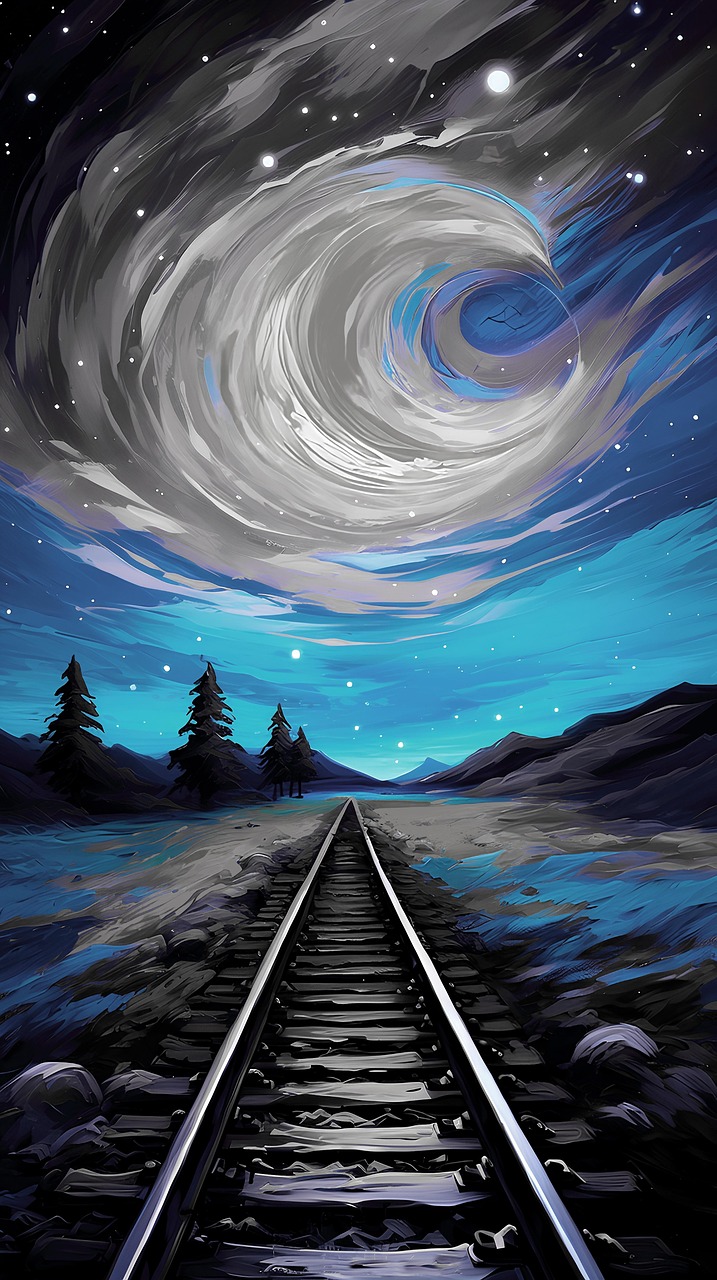 future, nature, railway, painting, mystical, sky, stars, metro, subway train, railway train, railway track, train rail, railroad, train track, subway station, train station, railway station, station, night sky, train, locomotive, rail, vintage train, public transport, traffic, city transport