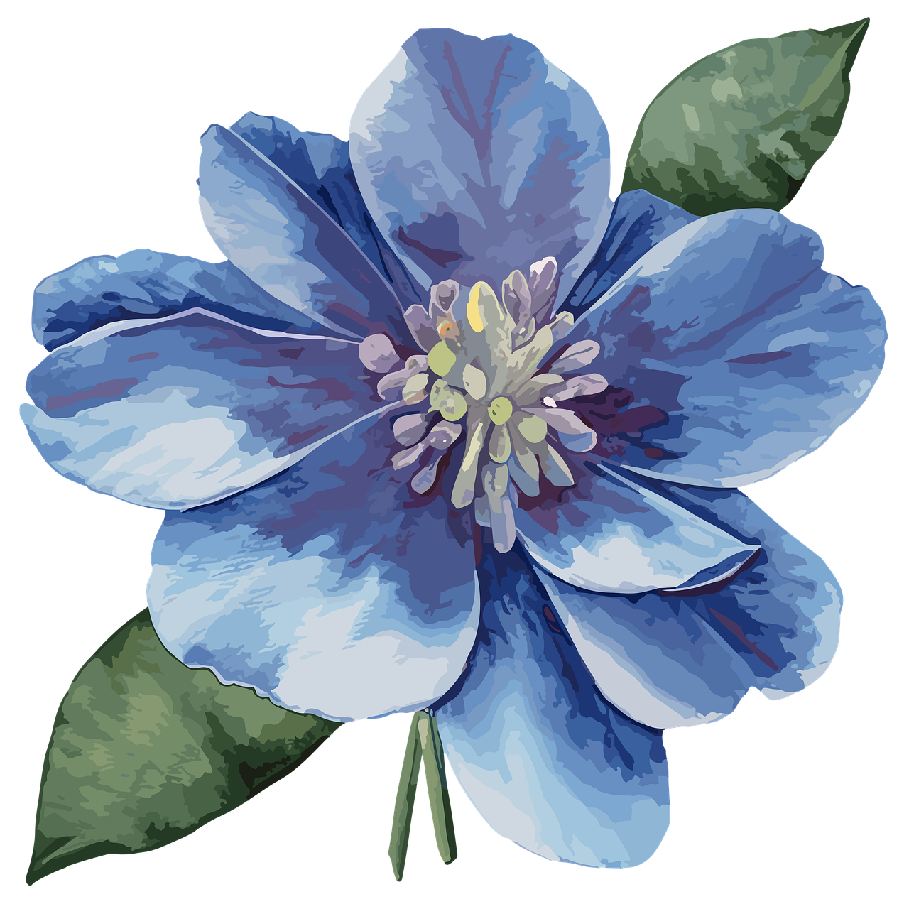 flower, spring, nature, floral, watercolor, blue, petals, rose, painting