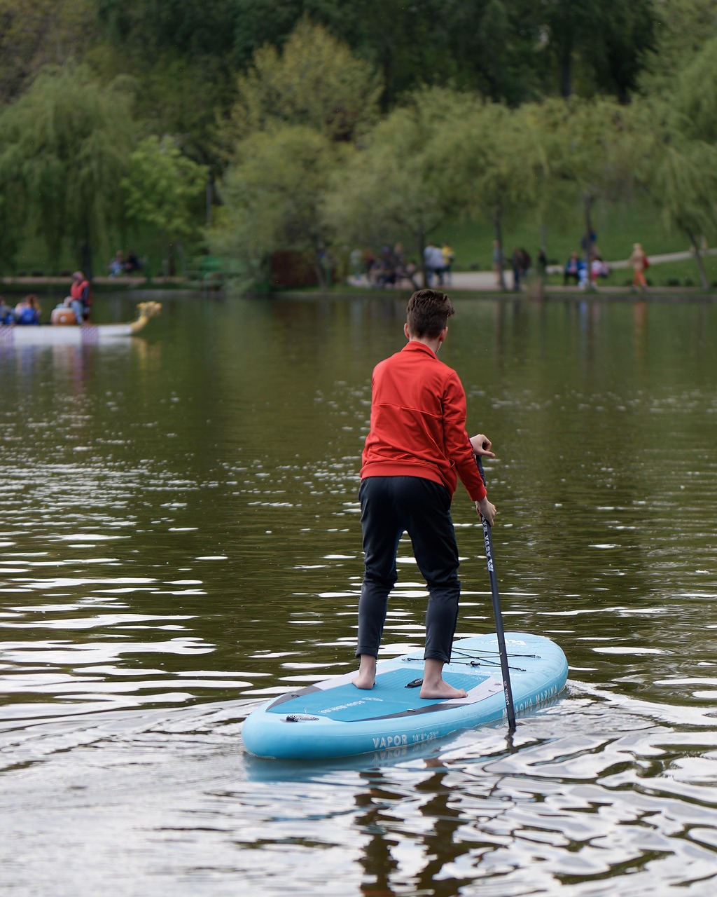 boy, boat, plastic, pneumatic, rowing, nature, water, lake, sport, hobby, relaxation