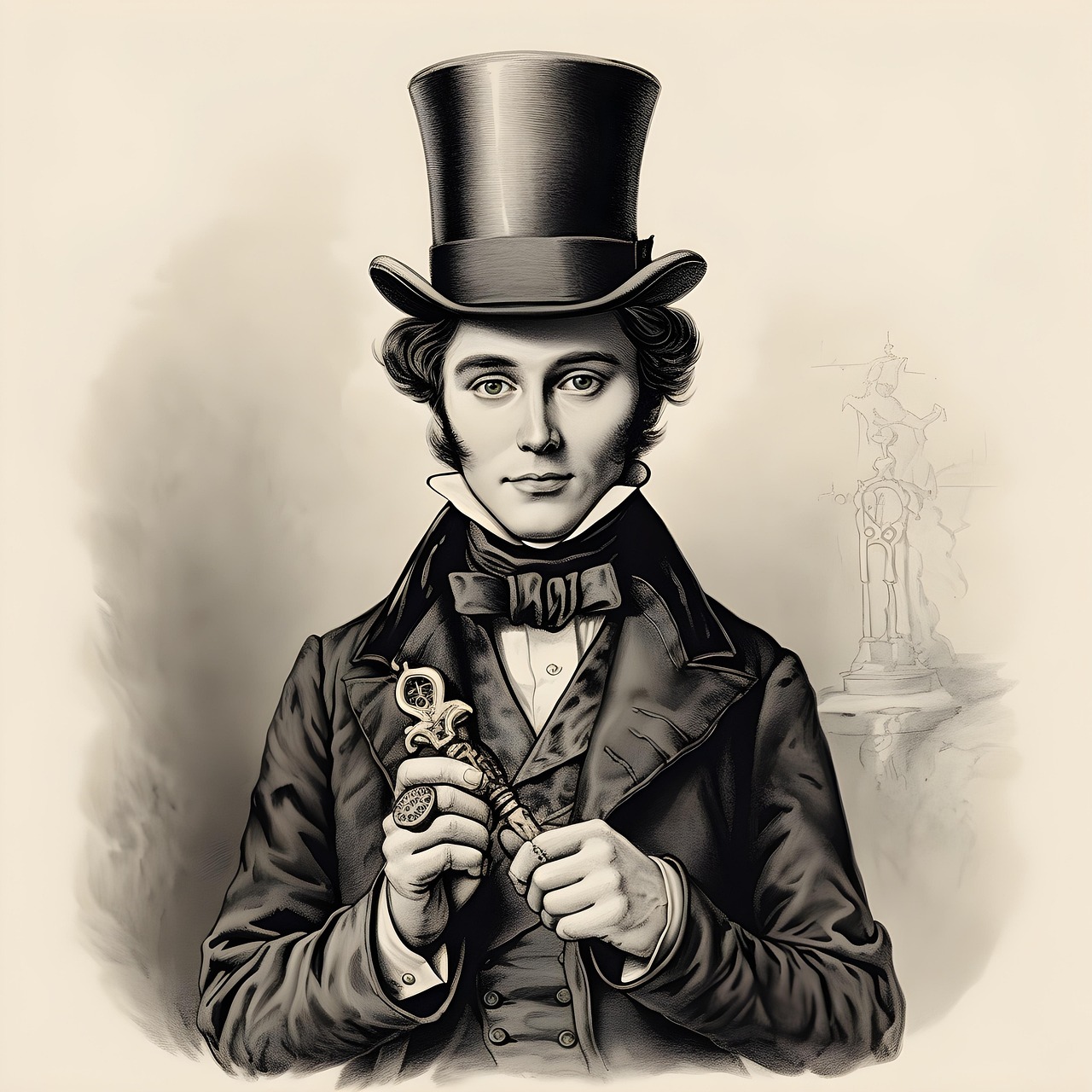 ai generated, man, victorian, vintage, rustic, key, british, inventor, monochrome