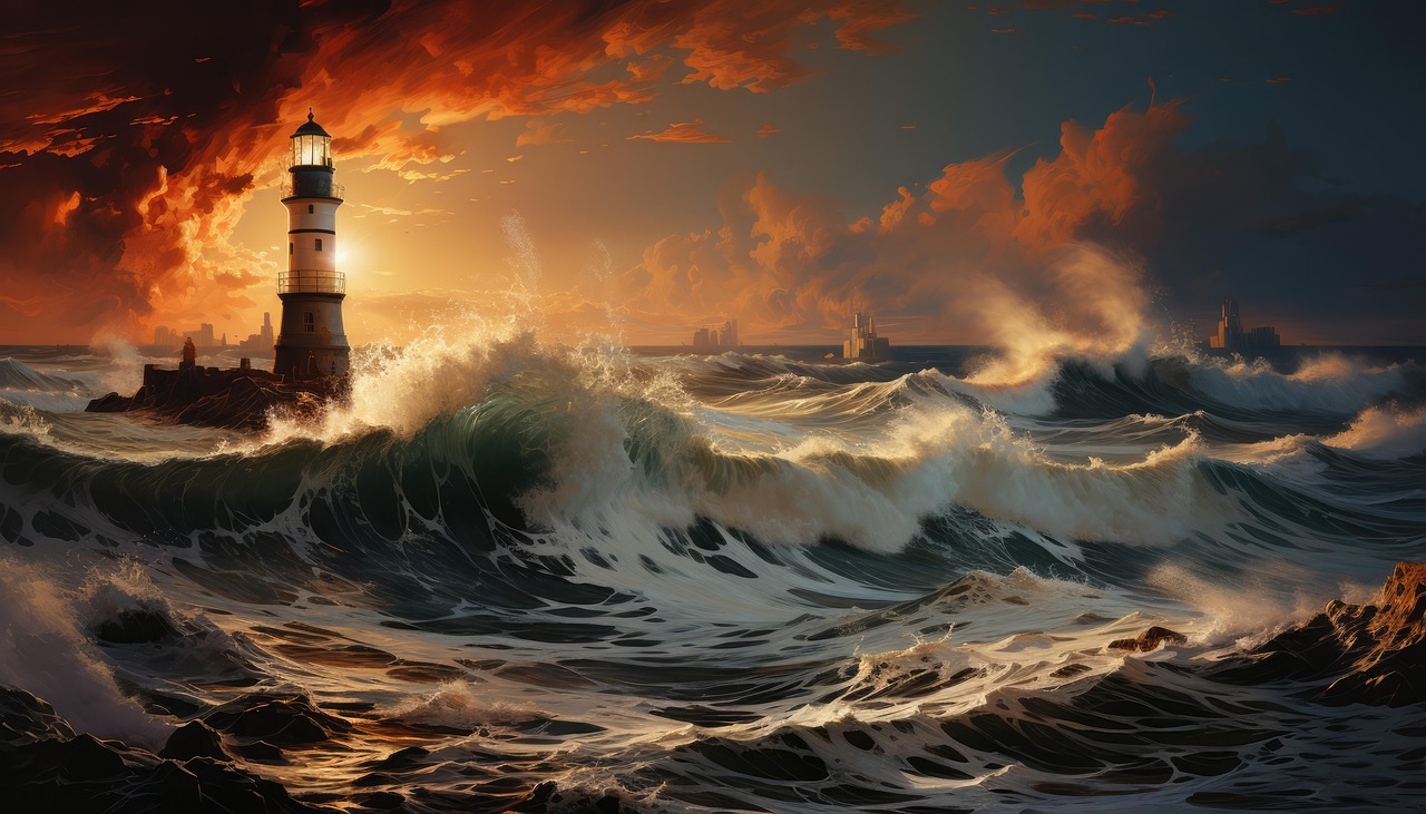 leuchtturm, welle, sonnenuntergang, majestätisch, küsten, seestück, strand, ozean, wasser, natur, szenisch, schönheit, gelassenheit, küstenlinie, horizont, absturz, dramatisch, sonnenuntergang himmel, feuriger sonnenuntergang, küstenschönheit, küsten szene, ozean wellen, küstenruhe, majestät des sonnenuntergangs, ai generiert