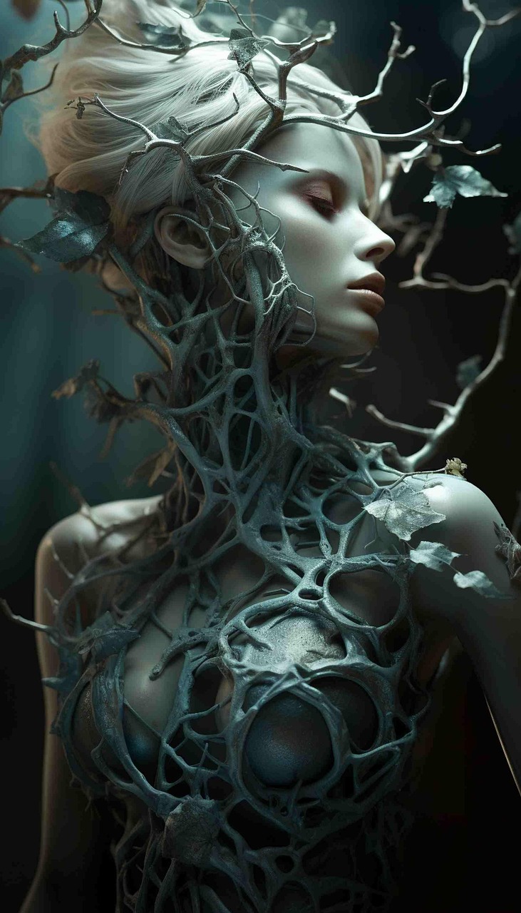 ai generiert, frau, natur, dornen, pflanze, mystiker, enttäuschung, kreatur, fantasie, porträt