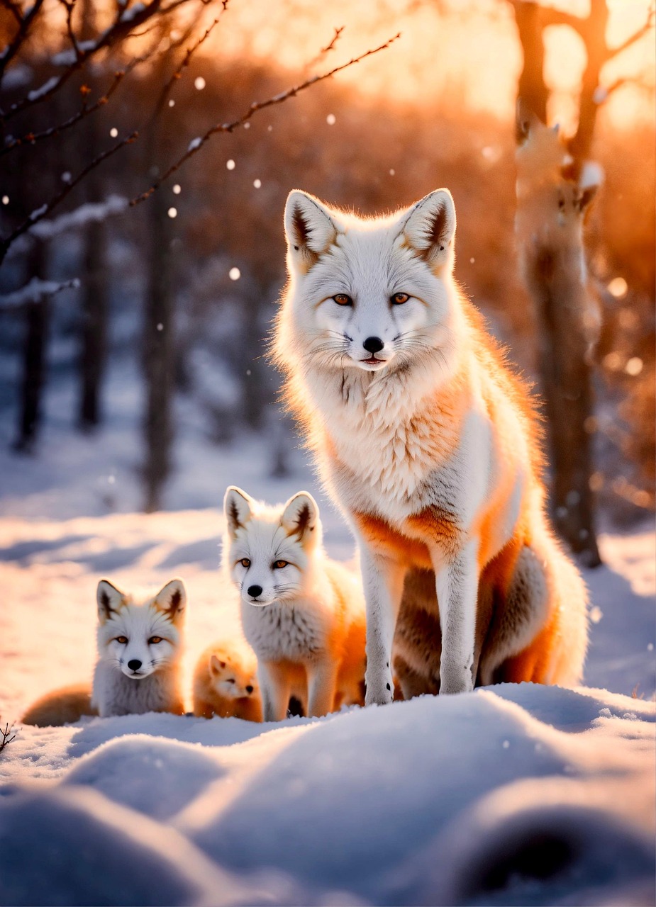 ai generated, nature, fox, cubs, snow, forest