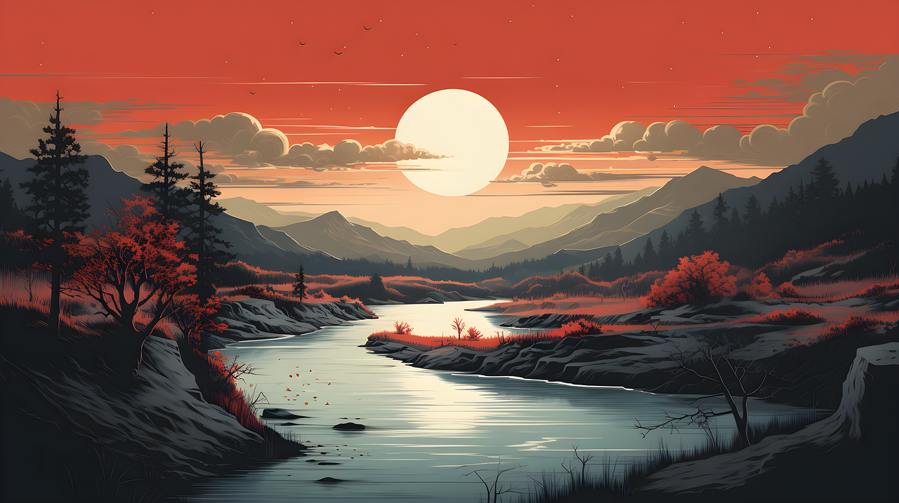 generato dall'ai, fiume, montagne, tramonto, minimalista, natura, opera d'arte, astratto, minimalismo, sfondo, paesaggio, semplice, sole, alberi