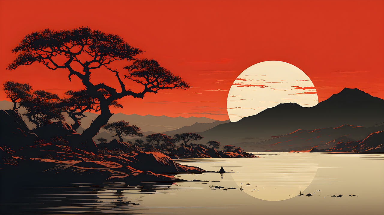 ai gerado, rio, montanhas, pôr do sol, minimalista, natureza, obra de arte, abstract, minimalismo, fundo, panorama, simples, sol, arvores