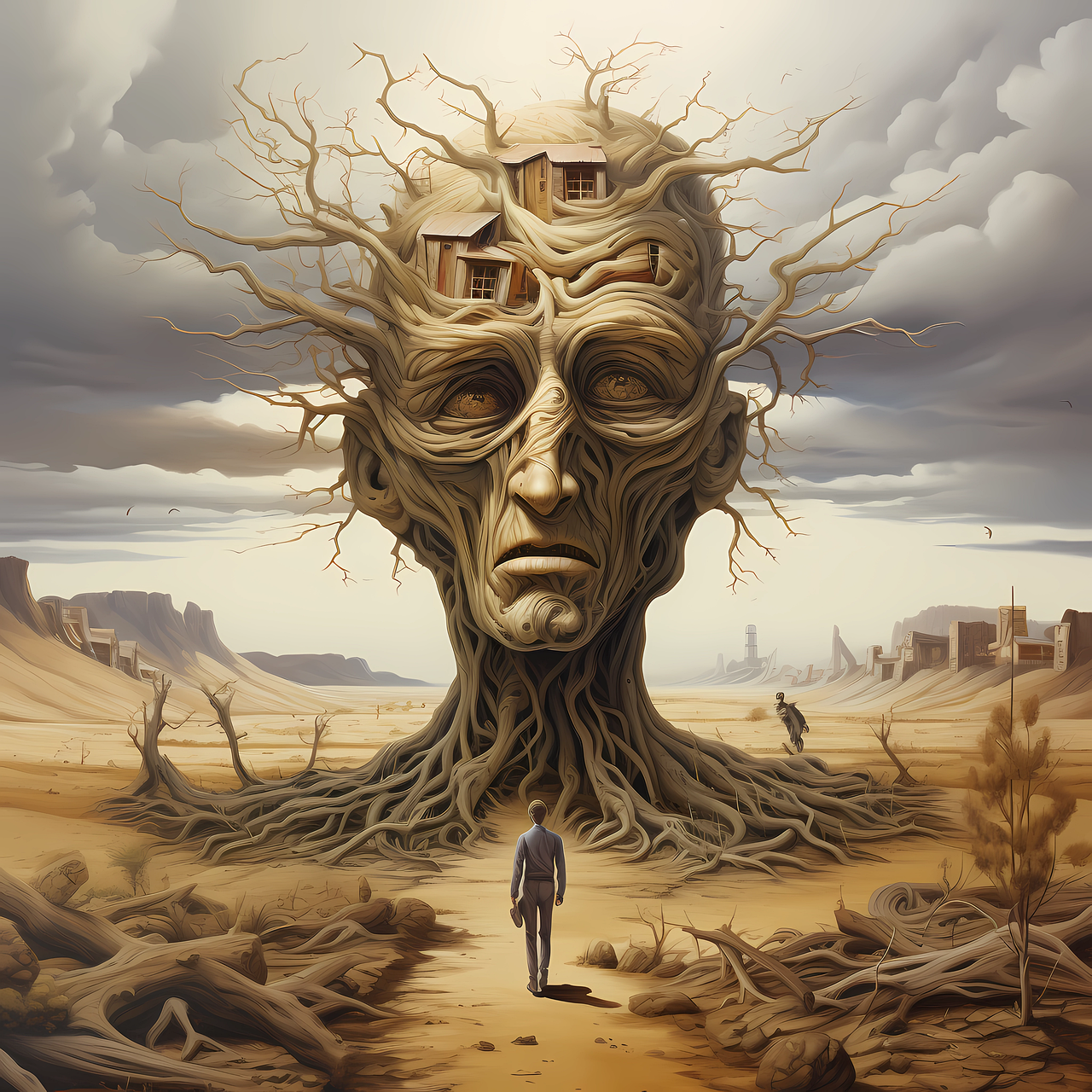 male, human being, nature, trees, clouds, surrealism, art, fantasy, ai generated