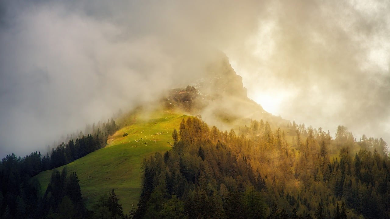 alpy, vrch, rakúsko, krajina, mraky, les, lesy, stromy, príroda