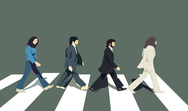 Beatles band group music english pedestrian crossing people festival walk poster drawing background famous
