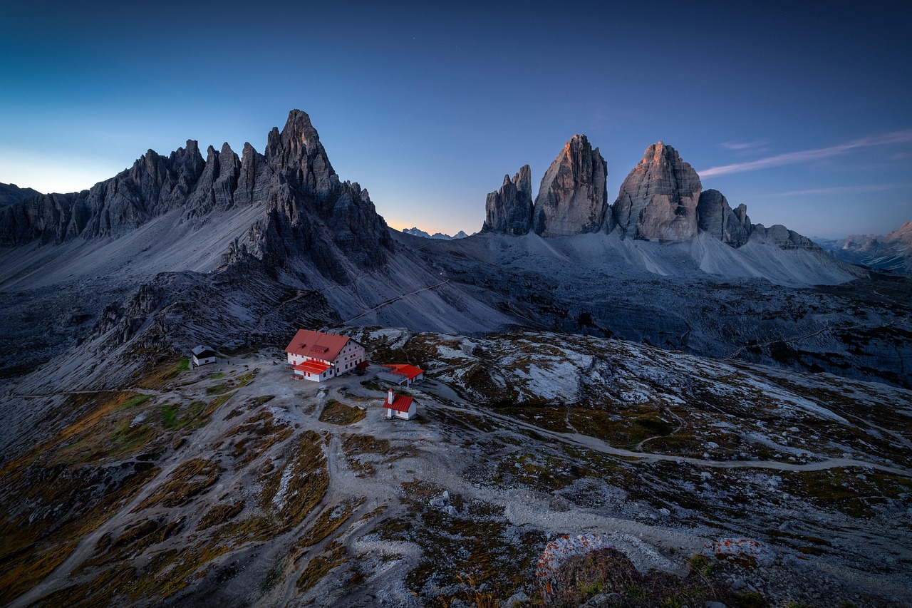 berge, gipfel, luftaufnahme, natur, dolomiten, italien, unterschlupf, haus, landschaft