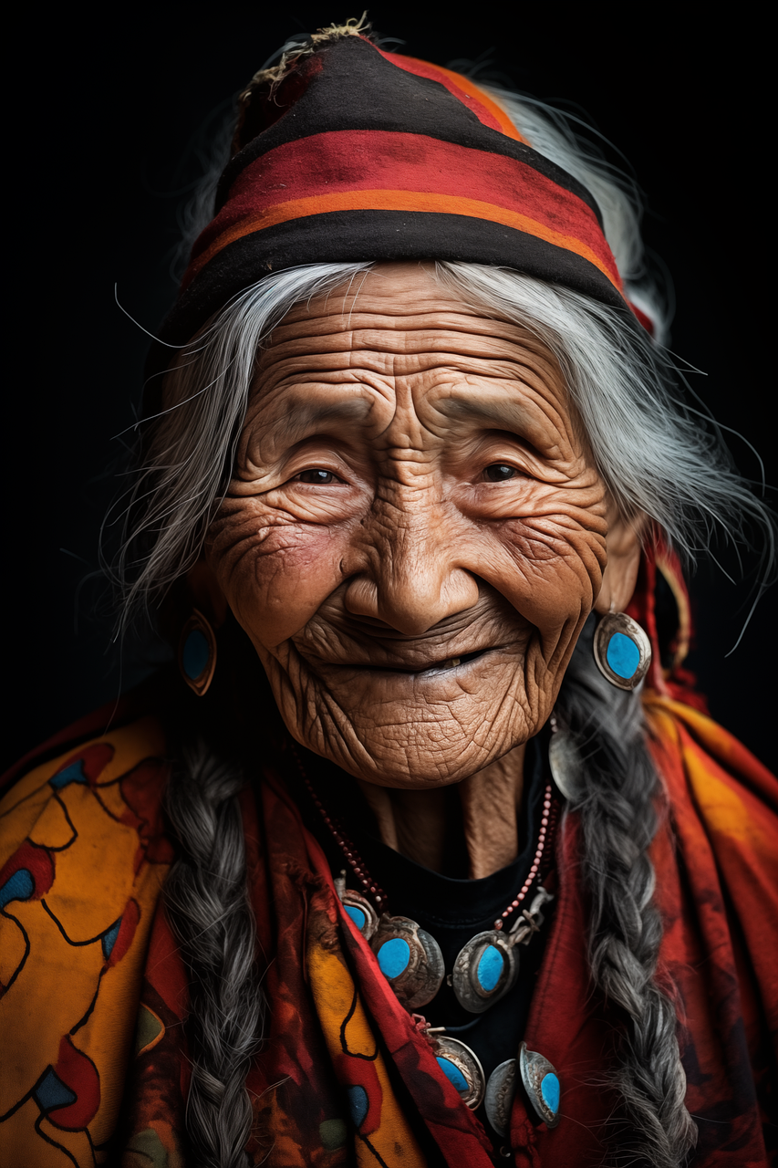 ai generated, woman, elderly, ethnic, traditional, indigenous, old, wrinkled, lady, senior, aging, wrinkles, experience, retirement, aged, mature, wise, portrait