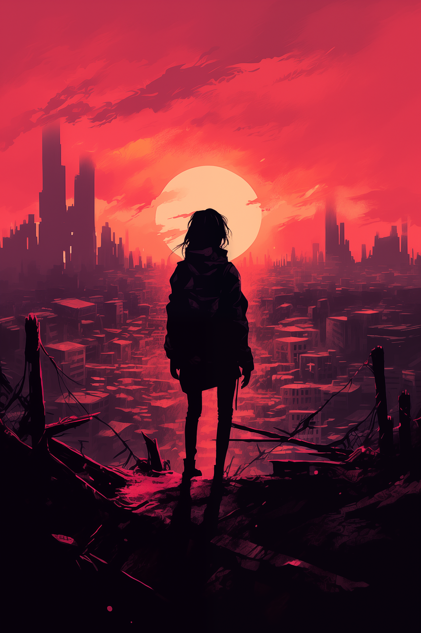 ai generiert, mädchen, apokalyptische, post-apokalyptischen, überlebende, dystopisch, krieger, dunkel, heftig, verwüstung, ominöse, atmosphärisch, dramatisch, charakter, kampf, harsch, überleben, grimmig, einsam, verlassen