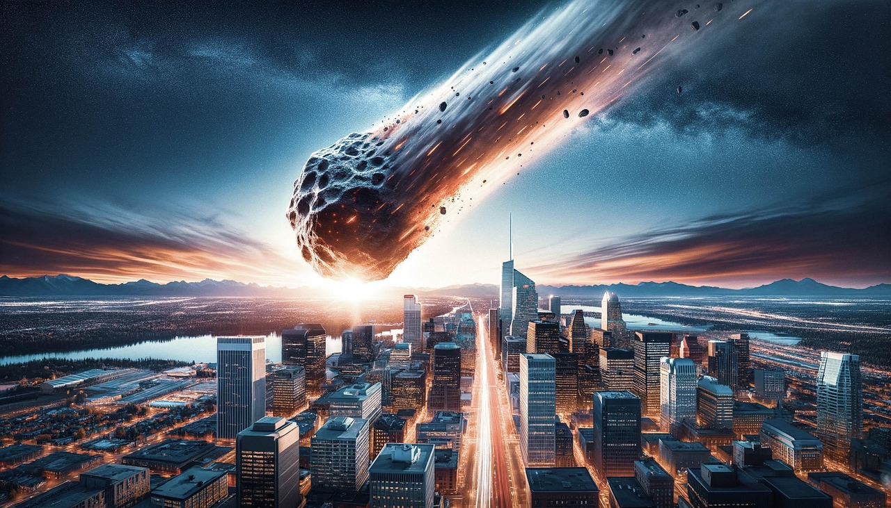 ai generiert, asteroid, stadtbild, katastrophe, explosion, meteor, chaos, notfall, science-fiction, drohung, schutt, schauspiel, evakuierung, apokalyptische, krater, stoßwelle, überleben, schutt und asche, zeuge, dunkelheit, nachwirkungen, kante