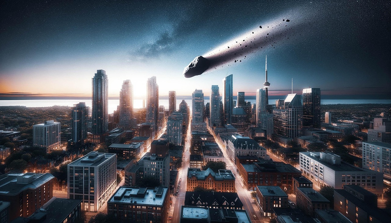 ai generiert, asteroid, stadtbild, katastrophe, explosion, meteor, chaos, notfall, science-fiction, drohung, schutt, schauspiel, evakuierung, apokalyptische, krater, stoßwelle, überleben, schutt und asche, zeuge, dunkelheit, nachwirkungen, kante