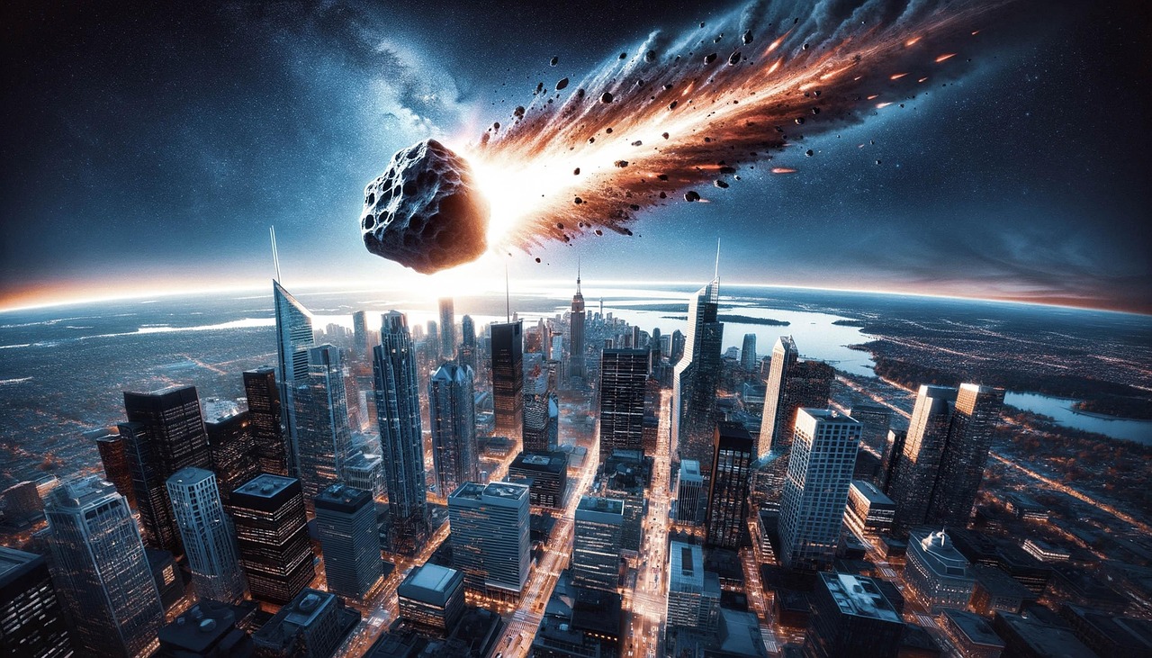 ai generiert, asteroid, stadtbild, katastrophe, explosion, meteor, chaos, notfall, science-fiction, drohung, schutt, schauspiel, evakuierung, apokalyptische, krater, stoßwelle, überleben, schutt und asche, zeuge, dunkelheit, nachwirkungen, kante