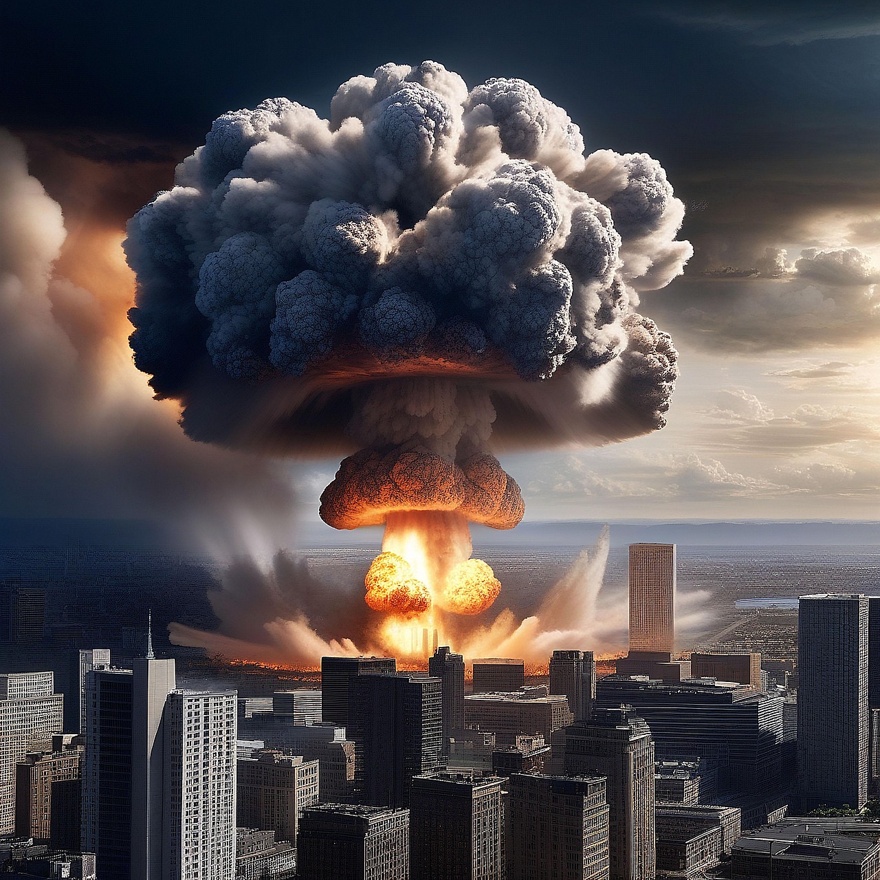 skyline der stadt, modern, atomexplosion, katastrophe, katastrophenszene, apokalyptische, zerstörung, explosiver aufprall, nukleare explosion, urbane katastrophe, dramatische skyline, verwüstung, armageddon, gewaltige explosion, chaos, stoßwelle, stadt in der krise, post-apokalyptischen, dystopisch, städtische zerstörung, nukleare katastrophe, stadtkrieg, feuerball, stadtinferno, ai generiert