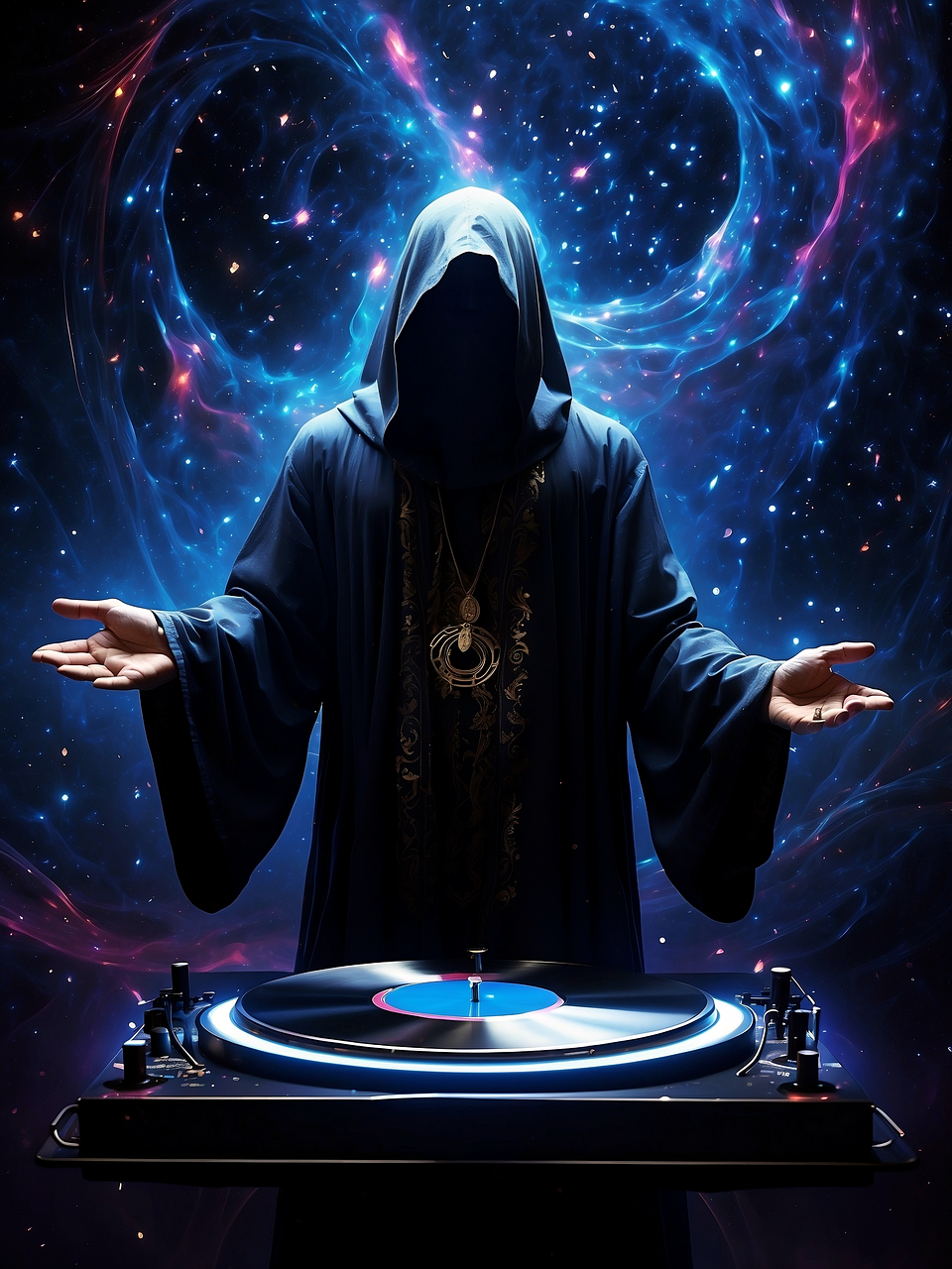 ai generat, dj, figura cu glugă, placă turnantă, vinil, muzică, stelar, edm, spaţiu, univers, galaxie, stele, disc