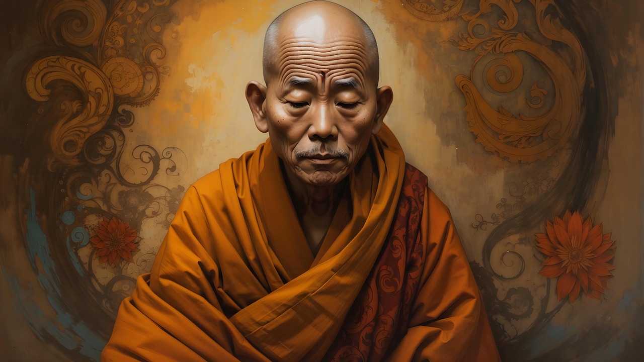 vecchio, anziani, uomo, maschile, saggio, grigio, capelli, barba, faccia, ritratto, occhi, umano, le persone, pieghe, buddista, monaco, meditare, meditazione, arancia, fede, religione, buddismo