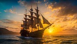 Sailing ship sunset rigging pirate ship masts seafaring sail pirates ai generated