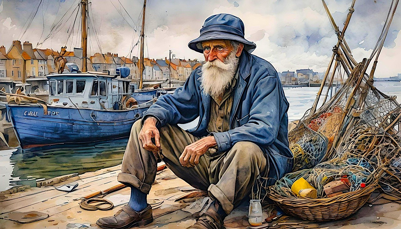 ai generated, fisherman, fishing, boat, fish, water, river, lake, oldman, nets, mending, repair, sky, quayside, quay, nature, marine, torquay