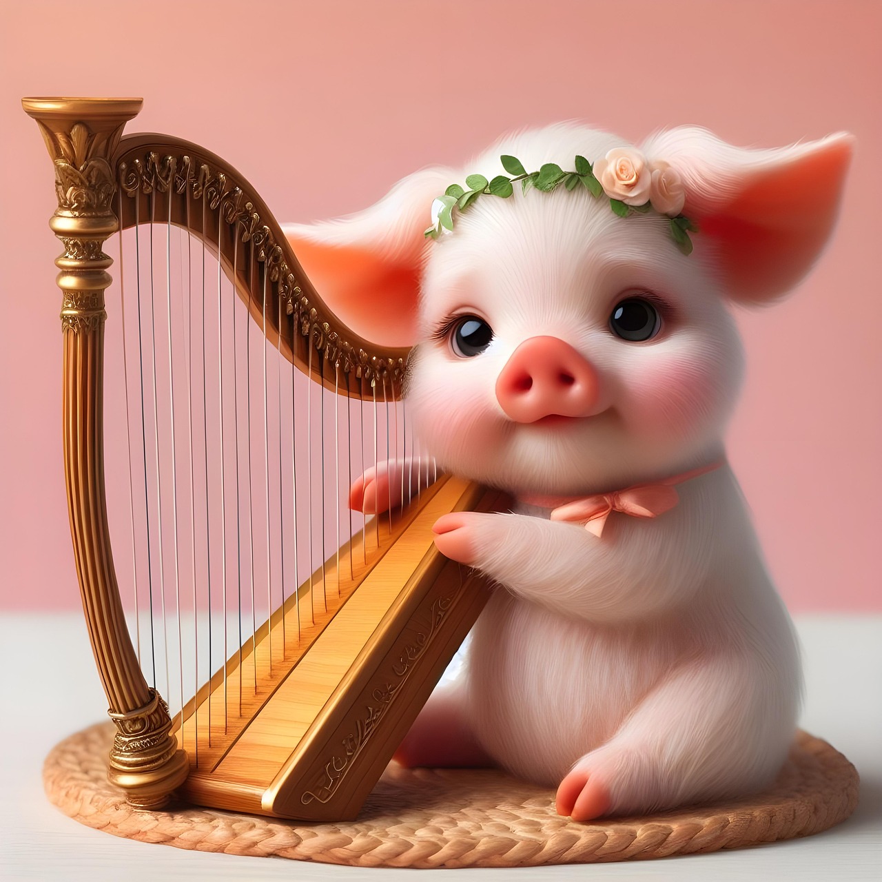 pig, nature, music, cute, animals, piggy, scott, musician, harp, fancy, flowering, crown, imagination, ai created