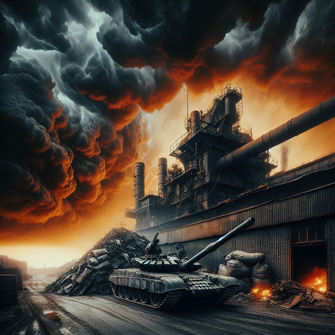 ai gerado, fábrica, tanque, indústria, plantas industriais, construção, poluição, guerra, militares, veículo, arma, soldado